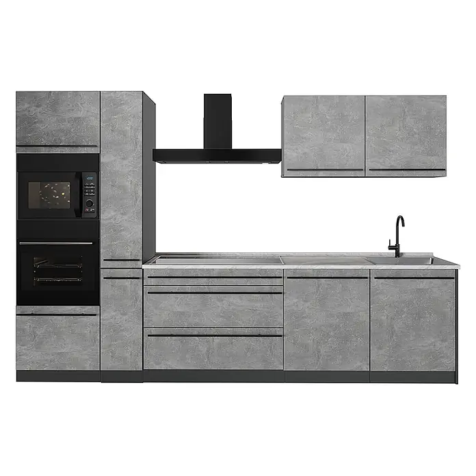 Küchenzeile R-Line 310 cm Beton Art.-Nr. 67199 -  - Moderne graue Küche im Beton-Look mit integriertem Backofen, Mikrowelle, Kochfeld, Spüle und Hängeschränken.