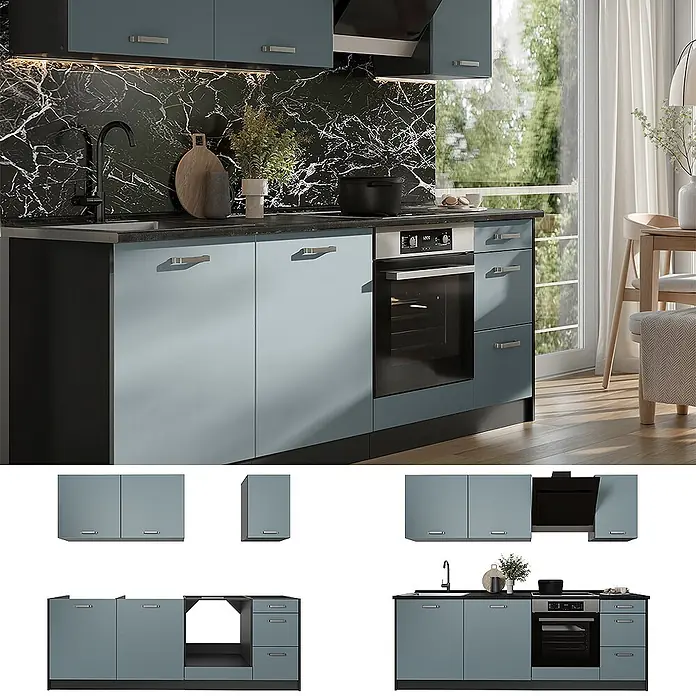 Küchenzeile R-Line 220 cm Blau-Grau Art.-Nr. 67070 -  - Hellblaue und schwarze modulare Küche mit Spüle, Kochfeld, Backofen und Schränken, montiert in modernem Raum.