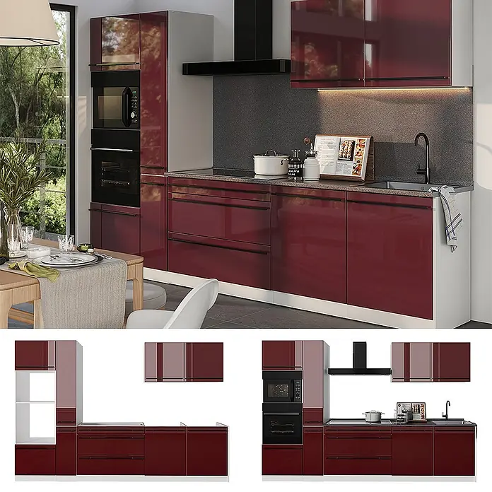 Küchenzeile R-Line 310 cm Rot Hochglanz Art.-Nr. 66456 -  - Moderne hochglänzende burgunderrote Küche mit integriertem Backofen, Mikrowelle, Kochfeld und Spüle.