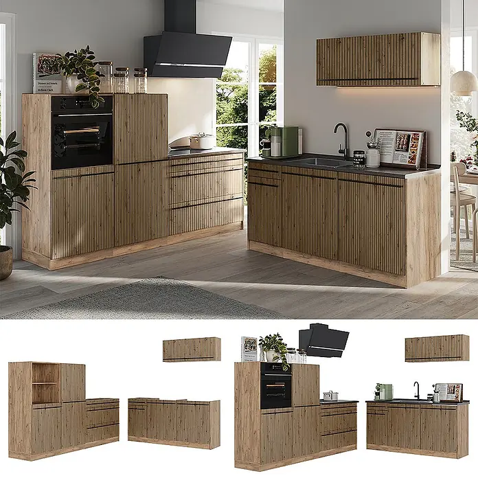 Küchenzeile R-Line 220 cm Artisan-Eiche Art.-Nr. 67088 -  - Moderne Küche mit Holzoptik-Lamellenschränken, dunklen Arbeitsplatten, integriertem Backofen, Kochfeld, Spüle und Dunstabzugshaube.