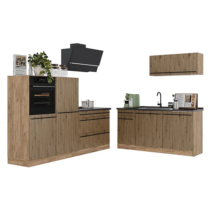 Küchenzeile R-Line 220 cm Artisan-Eiche Art.-Nr. 67088 -  - Moderne Holzküche mit gerippten Fronten, integriertem schwarzem Backofen, Herd, Spüle und Dunstabzugshaube.
