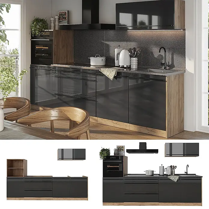 Küchenzeile R-Line 280 cm Anthrazit Hochglanz Art.-Nr. 66484 -  - Moderne Küche mit schwarzen Hochglanz-Unterschränken, Holzdetails, dunklen Sprenkel-Arbeitsplatten, integrierten Geräten und Oberschränken.
