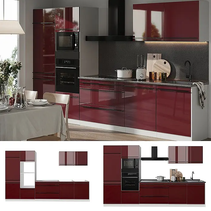 Küchenzeile R-Line 340 cm Rot Hochglanz Art.-Nr. 66587 -  - Moderne Küche mit hochglänzenden weinroten Schränken, integrierten Geräten und Essbereich.