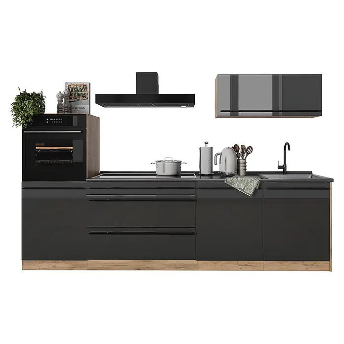 Küchenzeile R-Line 280 cm Anthrazit Hochglanz Art.-Nr. 66484 -  - Moderne dunkelgraue Küche mit Backofen, Kochfeld, Spüle und Hängeschränken, mit Holzsockel und Ofengehäuse.