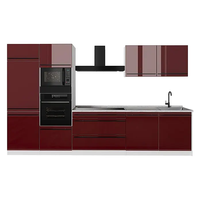 Küchenzeile R-Line 340 cm Rot Hochglanz Art.-Nr. 66587 -  - Moderne Küchenzeile mit glänzenden dunkelroten Schränken, schwarzen Einbaugeräten und heller Arbeitsplatte, inkl. Spüle und Kochfeld.