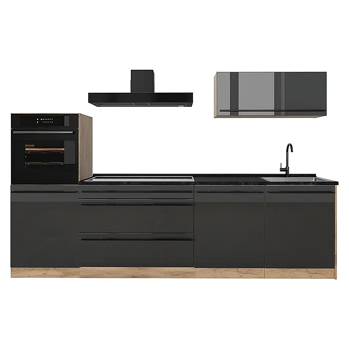 Küchenzeile R-Line 280 cm Anthrazit Hochglanz Art.-Nr. 66484 -  - Moderne dunkelgraue Küchenzeile mit Unterschränken, schwarzer Arbeitsplatte, integriertem Ofen, Kochfeld, Spüle, Dunstabzugshaube und Oberschrank.