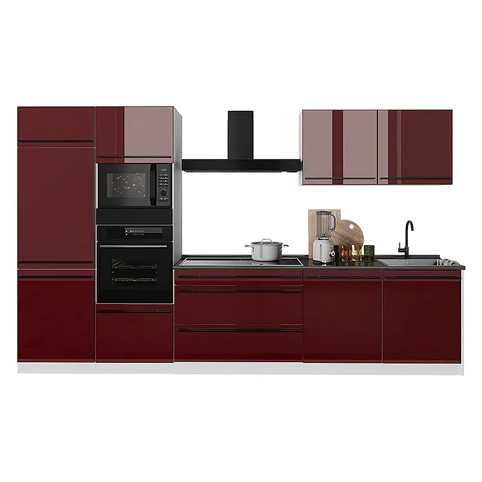 Küchenzeile R-Line 340 cm Rot Hochglanz Art.-Nr. 66587 -  - Moderne hochglänzende, tiefrote Modulküche mit integrierter Mikrowelle, Backofen, Kochfeld und Spüle.