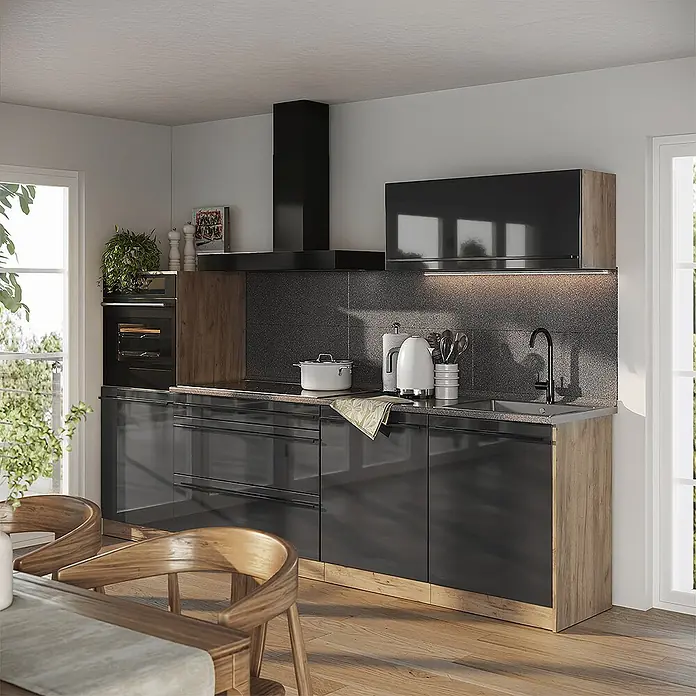 Küchenzeile R-Line 280 cm Anthrazit Hochglanz Art.-Nr. 66484 -  - Moderne Küche mit dunkelgrauen Hochglanzfronten, hellen Holzakzenten, integrierten Geräten und dunkler Rückwand.