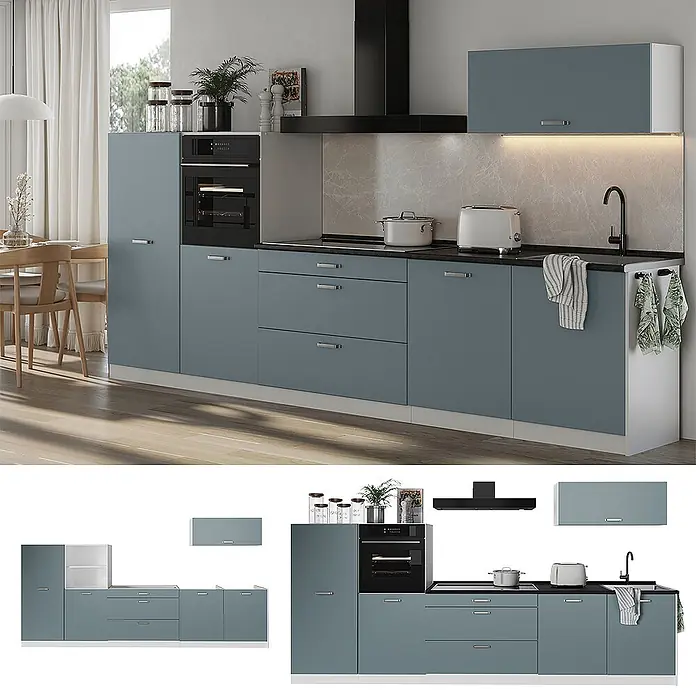 Küchenzeile R-Line 340 cm Blau-Grau Art.-Nr. 67318 -  - Moderne blau-graue Modulküche mit integriertem Backofen, Kochfeld, Spüle und schwarzer Arbeitsplatte.