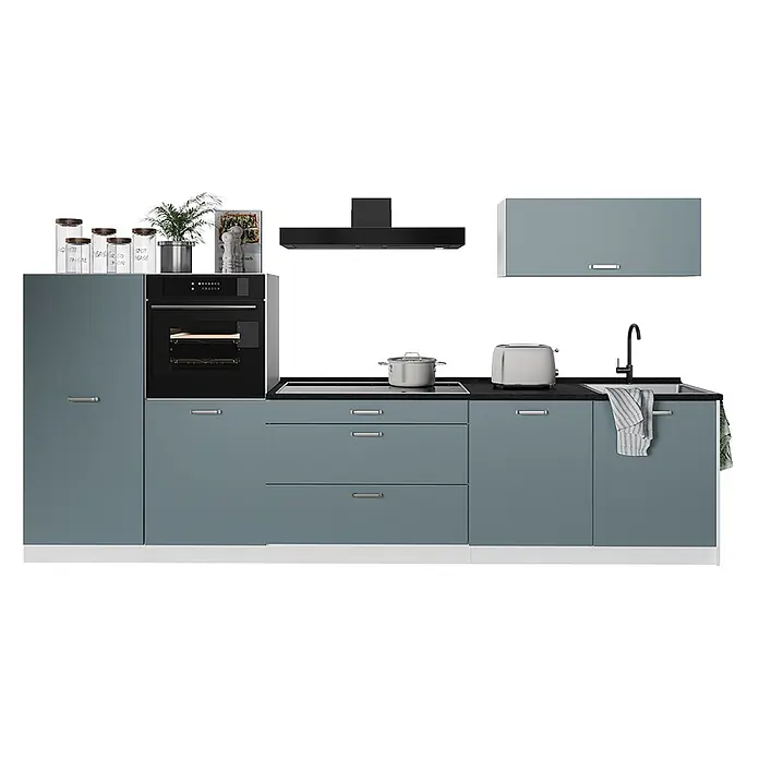 Küchenzeile R-Line 340 cm Blau-Grau Art.-Nr. 67318 -  - Moderne blau-graue modulare Küchenzeile mit schwarzer Arbeitsplatte, integriertem Ofen, Kochfeld, Dunstabzugshaube und Spüle.