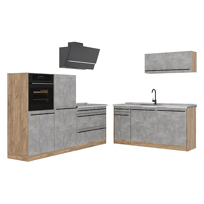 Küchenzeile R-Line 220 cm Beton Art.-Nr. 67091 -  - Modulare Küche mit grauen Betonoptik-Fronten, Holzseiten und integriertem Backofen, Spüle und Dunstabzugshaube.