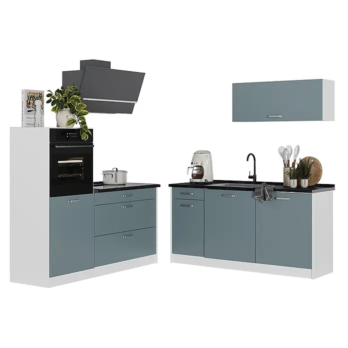 Küchenzeile R-Line 160 cm Blau-Grau Art.-Nr. 66936 -  - Modulare Küchenzeile mit blaugrauen Unterschränken, weißen Paneelen, schwarzen Arbeitsplatten, integriertem Backofen, Spüle und Dunstabzugshaube.