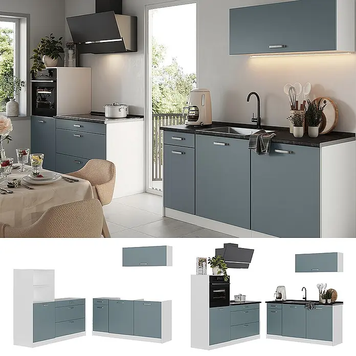 Küchenzeile R-Line 160 cm Blau-Grau Art.-Nr. 66936 -  - Blaugraue Modulküche mit schwarzer Arbeitsplatte, mit integriertem Backofen, Spüle und Schubladen in modernem Ambiente.