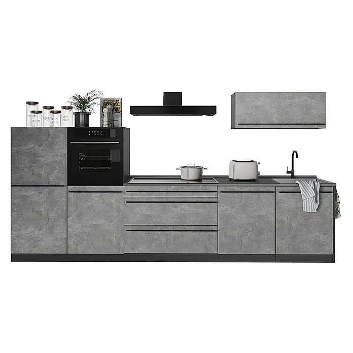 Küchenzeile R-Line 340 cm Beton Art.-Nr. 67288 -  - Küche in Betonoptik Grau mit integriertem schwarzem Ofen, Kochfeld, Dunstabzugshaube und Spüle. Mit Toaster, Topf und Dekoartikeln.