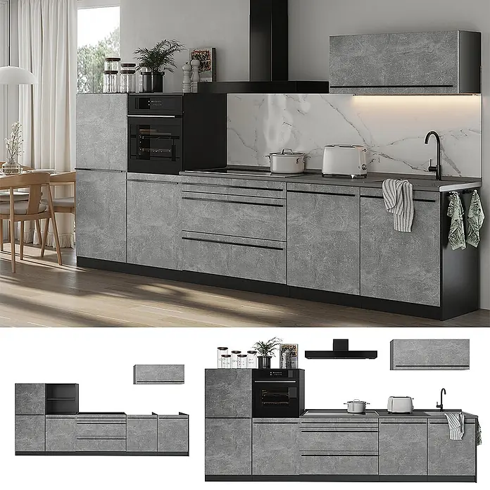 Küchenzeile R-Line 340 cm Beton Art.-Nr. 67288 -  - Moderne Küche mit grauen Betonoptik-Schränken, schwarzem Ofen, Dunstabzugshaube und Spüle, weißer Marmor-Rückwand, in einem Essbereich.
