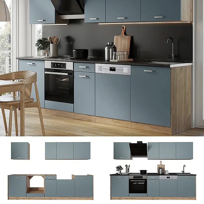 Küchenzeile R-Line 280 cm Blau-Grau Art.-Nr. 67169 -  - Moderne blau-graue Küchenzeile mit Holzdekor-Sockel, integriertem Backofen, Spülmaschine und Spüle. Ober- und Unterschränke.