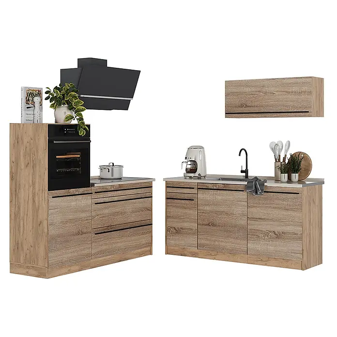 Küchenzeile R-Line 160 cm Sonoma Art.-Nr. 66924 -  - Modulare Küchenzeile mit Holzmaserung-Schränken, hellen Arbeitsplatten, integriertem Backofen, Kochfeld und Spüle.