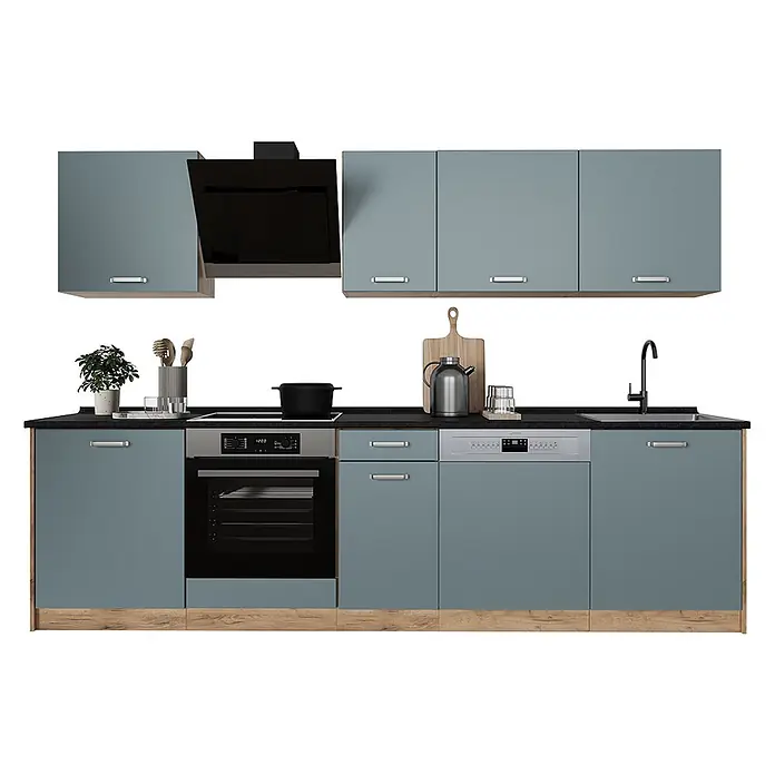 Küchenzeile R-Line 280 cm Blau-Grau Art.-Nr. 67169 -  - Moderne blau-graue Küchenzeile mit schwarzer Arbeitsplatte und integrierten Geräten.