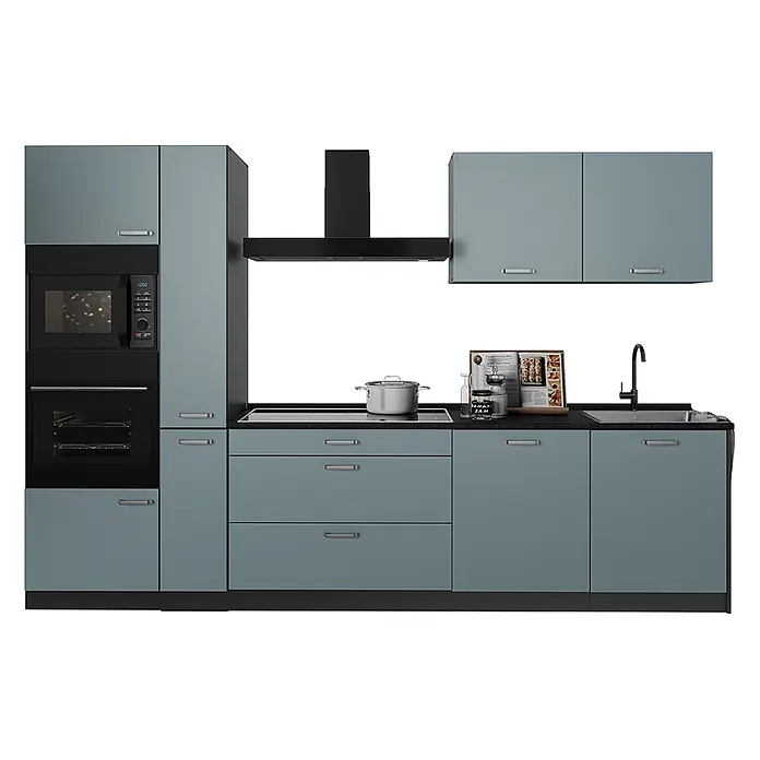 Küchenzeile R-Line 310 cm Blau-Grau Art.-Nr. 67202 -  - Eine moderne blau-graue modulare Küche mit schwarzen Geräten, einschließlich Backofen, Mikrowelle, Kochfeld und Spüle.