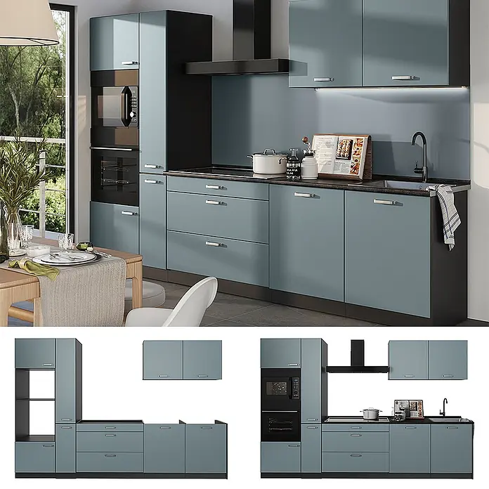 Küchenzeile R-Line 310 cm Blau-Grau Art.-Nr. 67202 -  - Moderne Modulküche mit staubblauen Fronten und dunkelgrauen Arbeitsplatten, integriertem Backofen und Kochfeld.