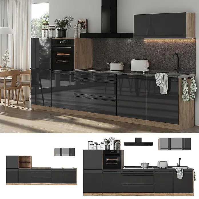 Küchenzeile R-Line 340 cm Anthrazit Hochglanz Art.-Nr. 66525 -  - Moderne modulare Küche mit dunkelgrauen Hochglanzschränken, Holzoptik-Akzenten, integriertem Backofen, Kochfeld und Spüle.