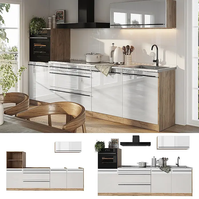 Küchenzeile R-Line 280 cm Weiß Hochglanz Art.-Nr. 66494 -  - Moderne Einbauküche mit weißen Hochglanzfronten, Holzakzenten, integriertem Backofen, Kochfeld und Spüle.