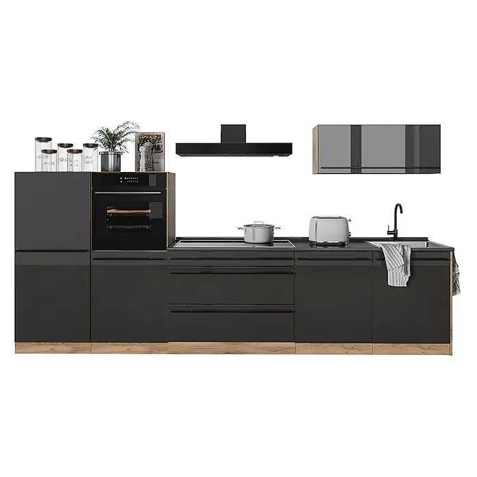 Küchenzeile R-Line 340 cm Anthrazit Hochglanz Art.-Nr. 66525 -  - Moderne dunkelgraue Küchenzeile mit integriertem Backofen, Kochfeld und Spüle, mit Holzakzenten.