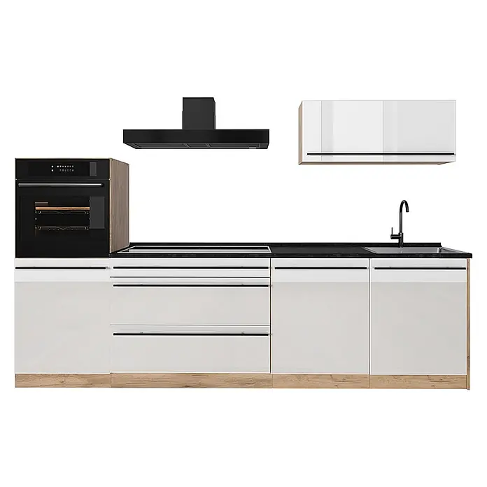 Küchenzeile R-Line 280 cm Weiß Hochglanz Art.-Nr. 66493 -  - Modernes Küchensystem mit weißen Schränken, schwarzer Arbeitsplatte, Einbauofen, Kochfeld, Dunstabzugshaube und Spüle mit schwarzem Wasserhahn.