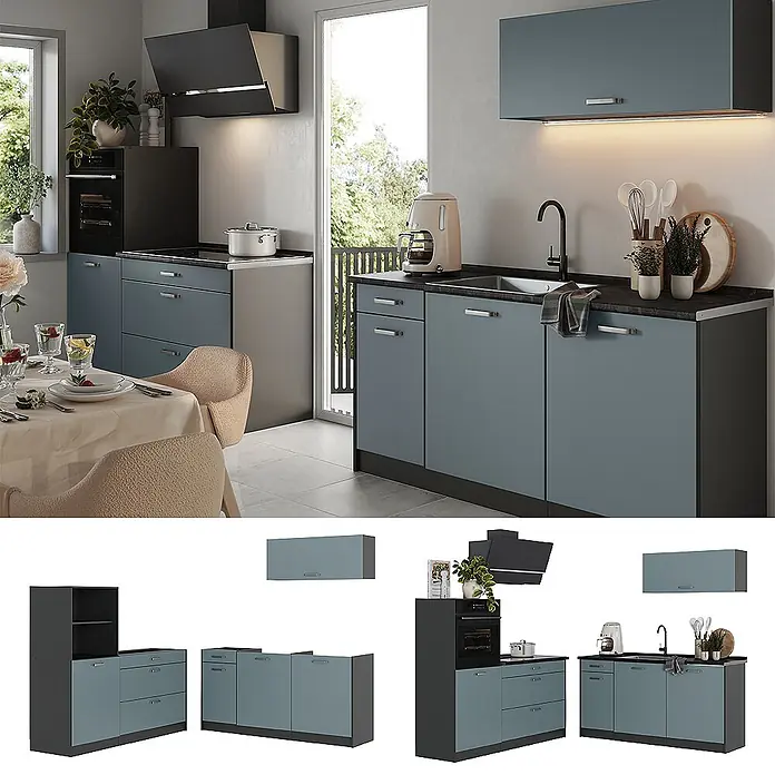 Küchenzeile R-Line 160 cm Blau-Grau Art.-Nr. 66908 -  - Modulare Küche: blaugraue Fronten, dunkelgraue Rahmen/Arbeitsplatten. Funktionales Setup mit Spüle, Kochfeld, Ofen.