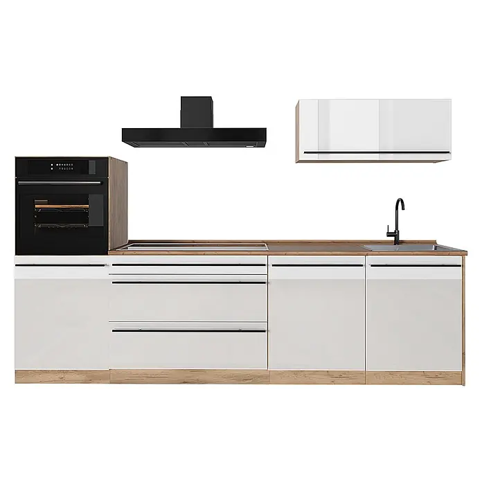 Küchenzeile R-Line 280 cm Weiß Hochglanz Art.-Nr. 66494 -  - Moderne Küchenzeile mit weißen Unterschränken, Holzarbeitsplatte, integriertem schwarzen Backofen, Dunstabzugshaube und Spüle.