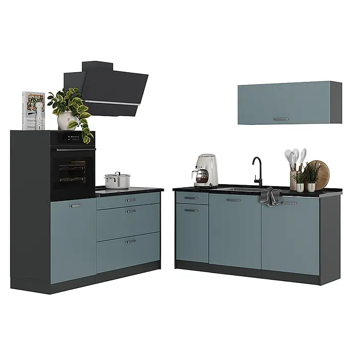 Küchenzeile R-Line 160 cm Blau-Grau Art.-Nr. 66908 -  - Moderne Küchenzeile mit blau-grauen Schränken, schwarzen Arbeitsplatten, integriertem Backofen, Spüle und Hängeschrank.