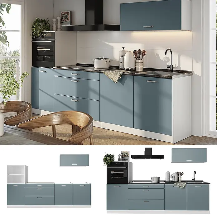 Küchenzeile R-Line 280 cm Blau-Grau Art.-Nr. 67274 -  - Modulare Küche mit blaugrauen Schränken, schwarzer Arbeitsplatte, integriertem Backofen, Kochfeld und Spüle.