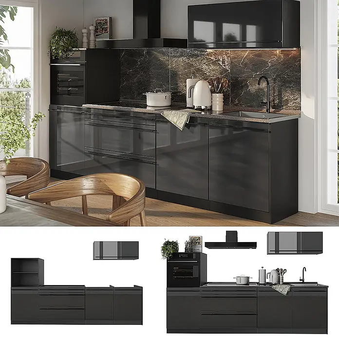 Küchenzeile R-Line 280 cm Anthrazit Hochglanz Art.-Nr. 66468 -  - Moderne schwarze Hochglanzküche mit integrierten Geräten und Spüle in hellem, zeitgenössischem Küchenambiente.