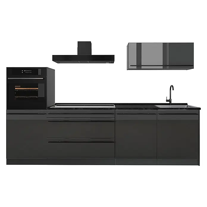 Küchenzeile R-Line 280 cm Anthrazit Hochglanz Art.-Nr. 66468 -  - Dunkelgraue moderne Küche mit Backofen, Kochfeld, Dunstabzugshaube, Spüle und Schränken.