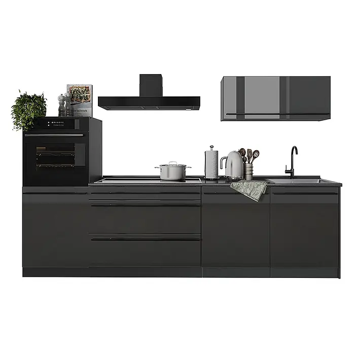 Küchenzeile R-Line 280 cm Anthrazit Hochglanz Art.-Nr. 66468 -  - Elegante schwarze Küchenzeile mit integriertem Backofen, Kochfeld, Spüle, Dunstabzugshaube und dunkelgrauen Schränken.