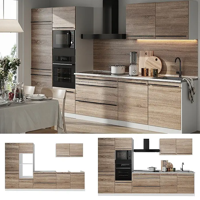 Küchenzeile R-Line 340 cm Sonoma Art.-Nr. 67365 -  - Moderne helle Eichenküchenschränke mit integrierten Geräten und schwarzen Griffen in einer modernen Küche mit Essbereich.