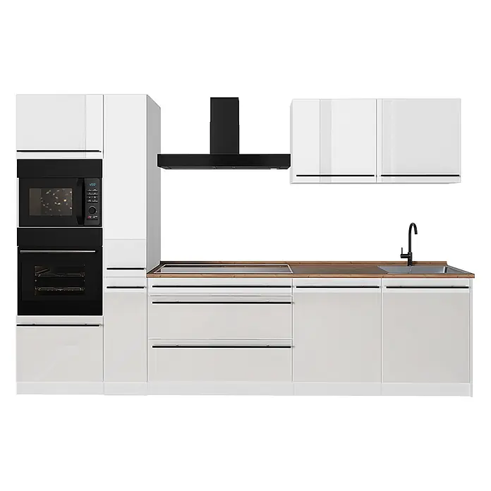 Küchenzeile R-Line 310 cm Weiß Hochglanz Art.-Nr. 66462 -  - Weiße Modulküche mit Holzarbeitsplatte, integriertem schwarzem Ofen, Mikrowelle, Induktionskochfeld, Spüle und Dunstabzugshaube.