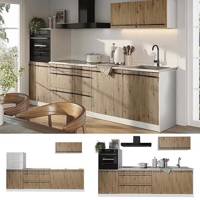 Küchenzeile R-Line 280 cm Artisan-Eiche Art.-Nr. 67265 -  - Gerippte helle Holzküchenschränke mit schwarzen Griffen, Backofen und Spüle, in moderner Küche.