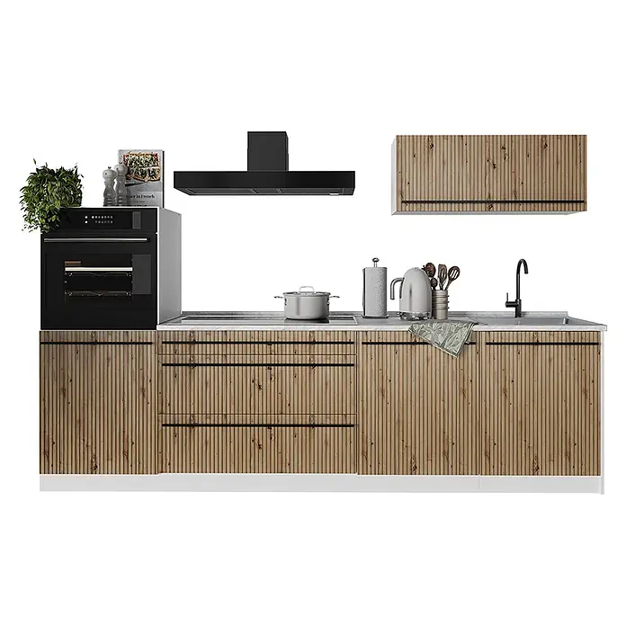 Küchenzeile R-Line 280 cm Artisan-Eiche Art.-Nr. 67265 -  - Moderne Küche mit gerippten hellen Holzschränken, schwarzen Geräten, grauer Arbeitsplatte und Spüle.