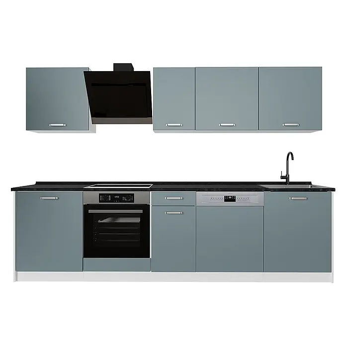Küchenzeile R-Line 280 cm Blau-Grau Art.-Nr. 67185 -  - Moderne blau-graue Küche mit schwarzer Arbeitsplatte, integriertem Backofen, Kochfeld, Geschirrspüler, Spüle und Dunstabzugshaube.