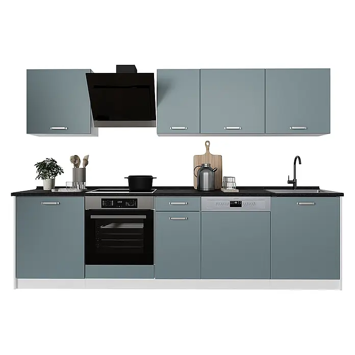 Küchenzeile R-Line 280 cm Blau-Grau Art.-Nr. 67186 -  - Moderne Modulküche: staubblaugraue Schränke, schwarze Arbeitsplatte, integrierter Backofen, Herd, Spülmaschine, Spüle, Dunstabzugshaube.