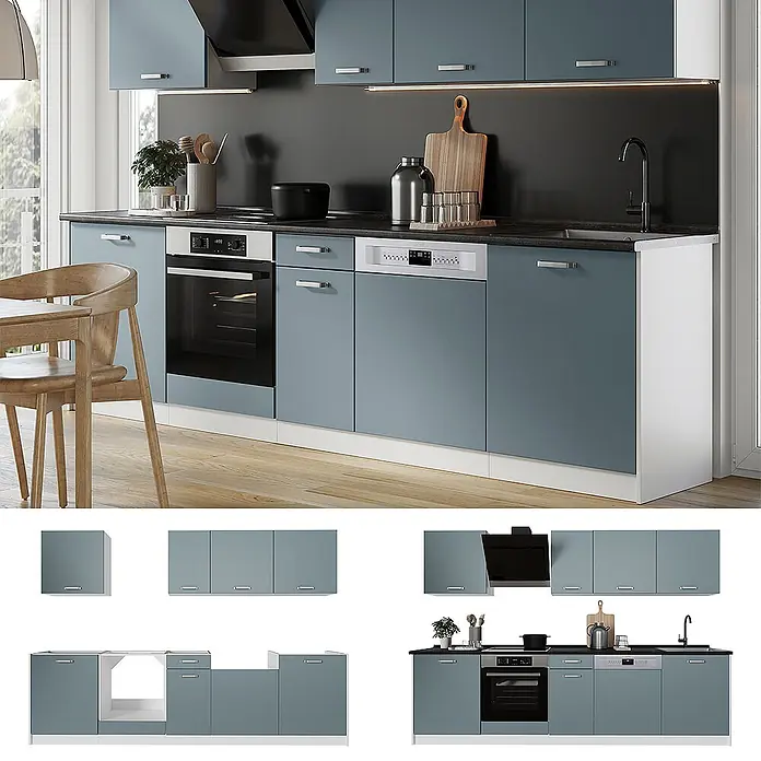 Küchenzeile R-Line 280 cm Blau-Grau Art.-Nr. 67186 -  - Funktionale blau-graue Küchenzeile mit schwarzer Arbeitsplatte, eingebautem Backofen und Geschirrspüler.