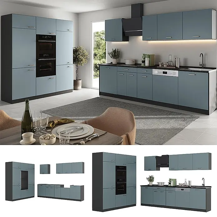 Küchenzeile R-Line 180 cm Blau-Grau Art.-Nr. 67024 -  - Modulare blau-graue Küchenschränke mit integrierten Geräten in moderner Küche.