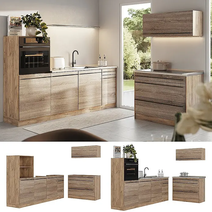 Küchenzeile R-Line 220 cm Sonoma Art.-Nr. 67439 -  - Modulare Küchenzeile in heller Holzoptik, mit Unterschränken für Spüle, Backofen und Kochfeld sowie einem Oberschrank.