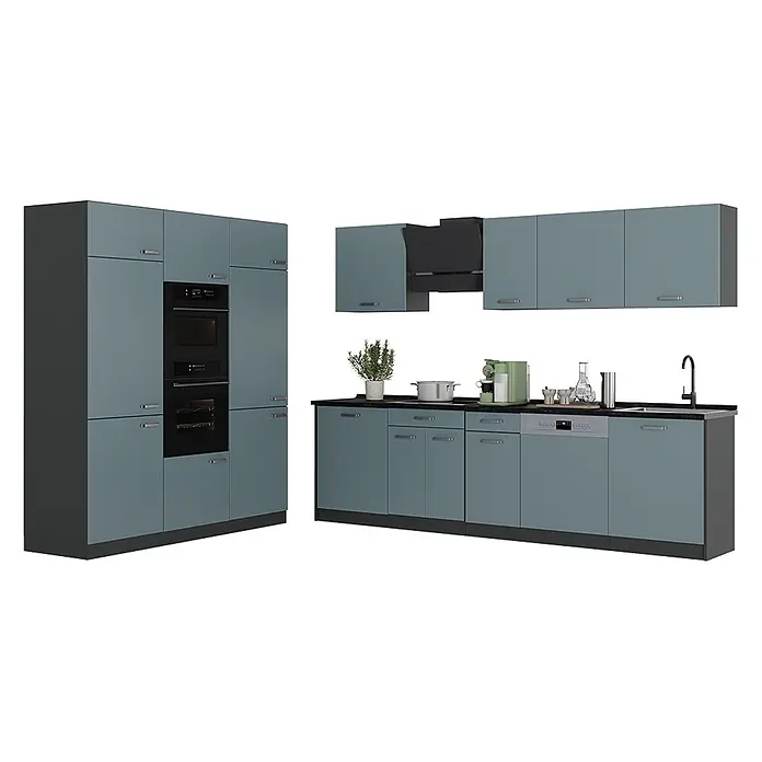 Küchenzeile R-Line 180 cm Blau-Grau Art.-Nr. 67024 -  - Moderne blau-graue Küche mit integriertem Backofen, Mikrowelle, Geschirrspüler und Spüle.