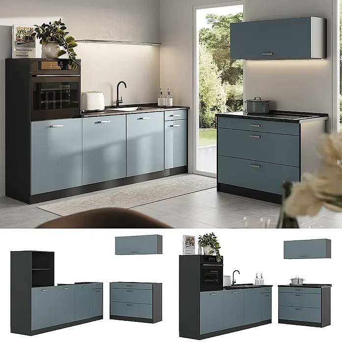 Küchenzeile R-Line 220 cm Blau-Grau Art.-Nr. 67423 -  - Modulare Küchenzeile in Hellblau und Dunkelgrau mit Backofen, Spüle und Schränken.
