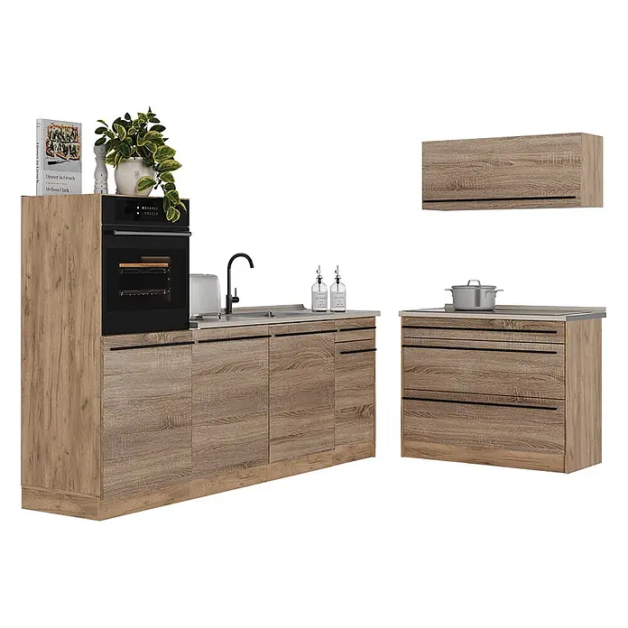 Küchenzeile R-Line 220 cm Sonoma Art.-Nr. 67439 -  - Helle Küche in Eichenoptik mit schwarzen Griffen, bestehend aus Ofen-, Spül- und Schubladenschränken sowie einem Hängeschrank.