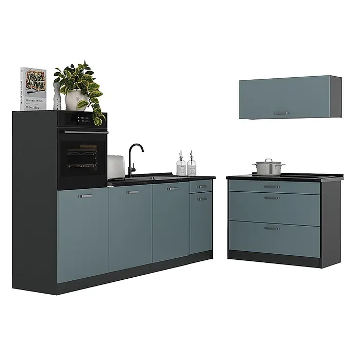 Küchenzeile R-Line 220 cm Blau-Grau Art.-Nr. 67423 -  - Modulare Küche mit dunkelgrauen Rahmen und blaugrauen Fronten, integriertem Backofen, Spüle und separatem Schubladenschrank.
