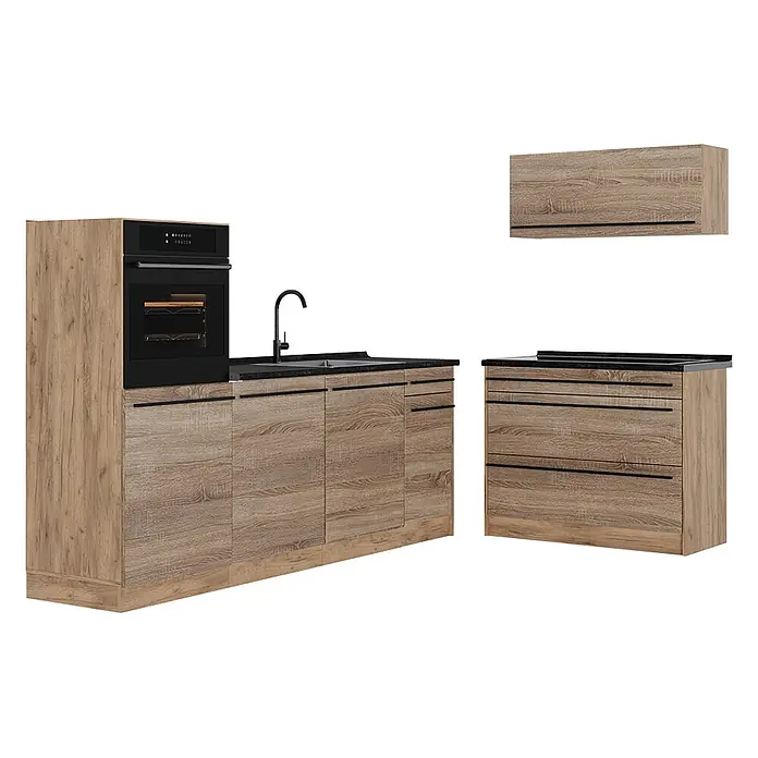 Küchenzeile R-Line 220 cm Sonoma Art.-Nr. 67440 -  - Küchenzeile in Holzoptik mit integriertem Backofen, Spüle und separatem Hängeschrank, mit schwarzen Arbeitsplatten.