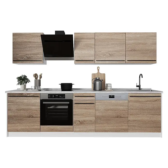 Küchenzeile R-Line 280 cm Sonoma Art.-Nr. 67192 -  - Komplette Küchenzeile in heller Holzoptik mit schwarzen Geräten, Griffen und weißer Arbeitsplatte.